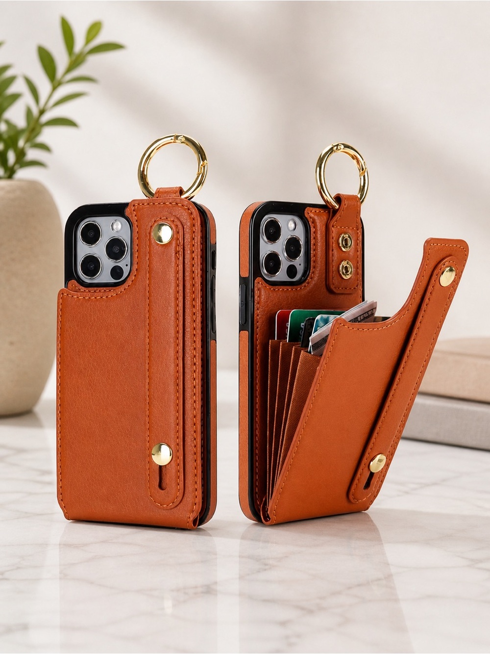 iPhone 12/12 Pro Wallet Case Brown Card Holder Wrist Strap Faux Leather